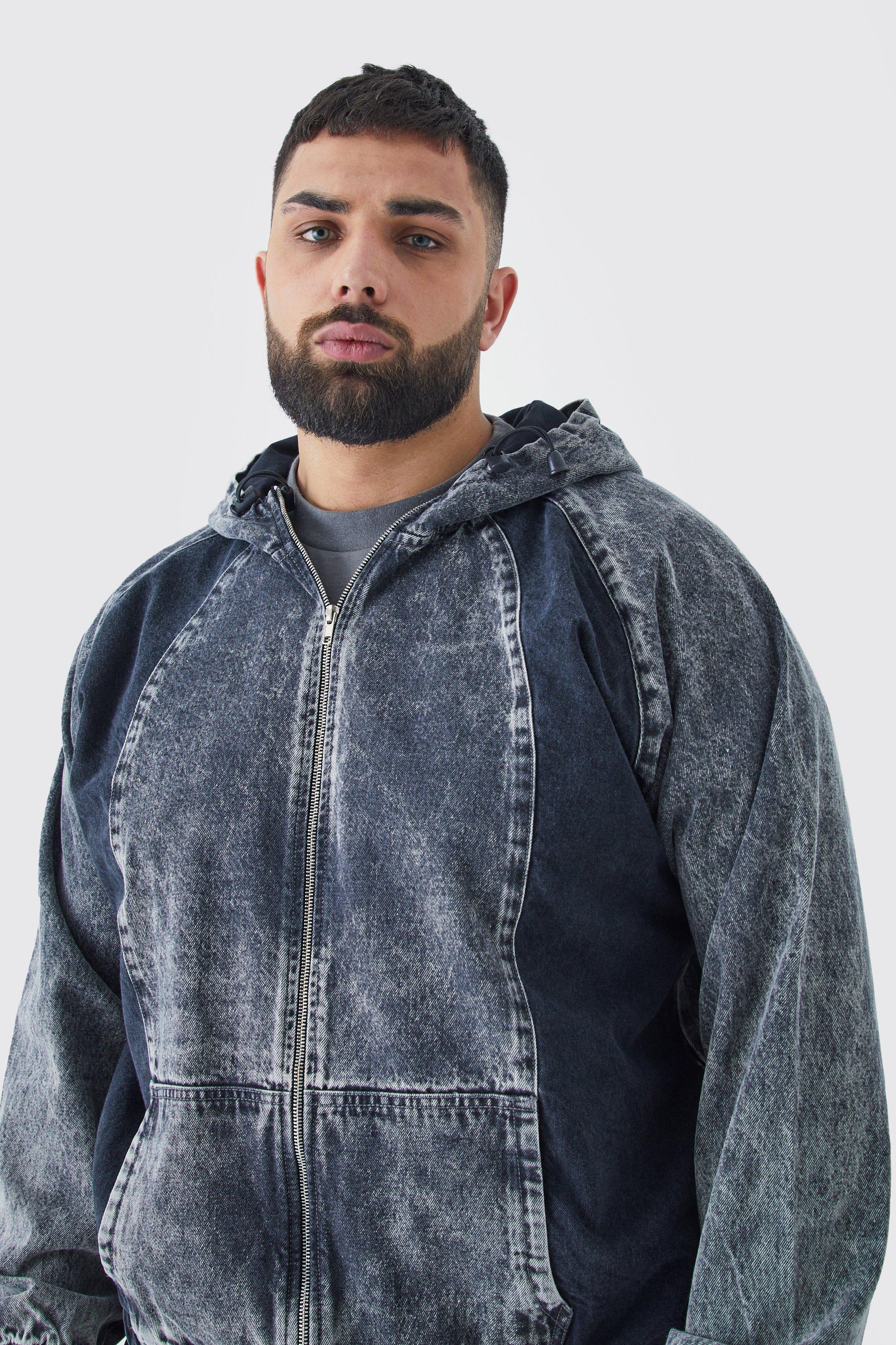 Plus Acid Wash Denim Zip Through Hoodie